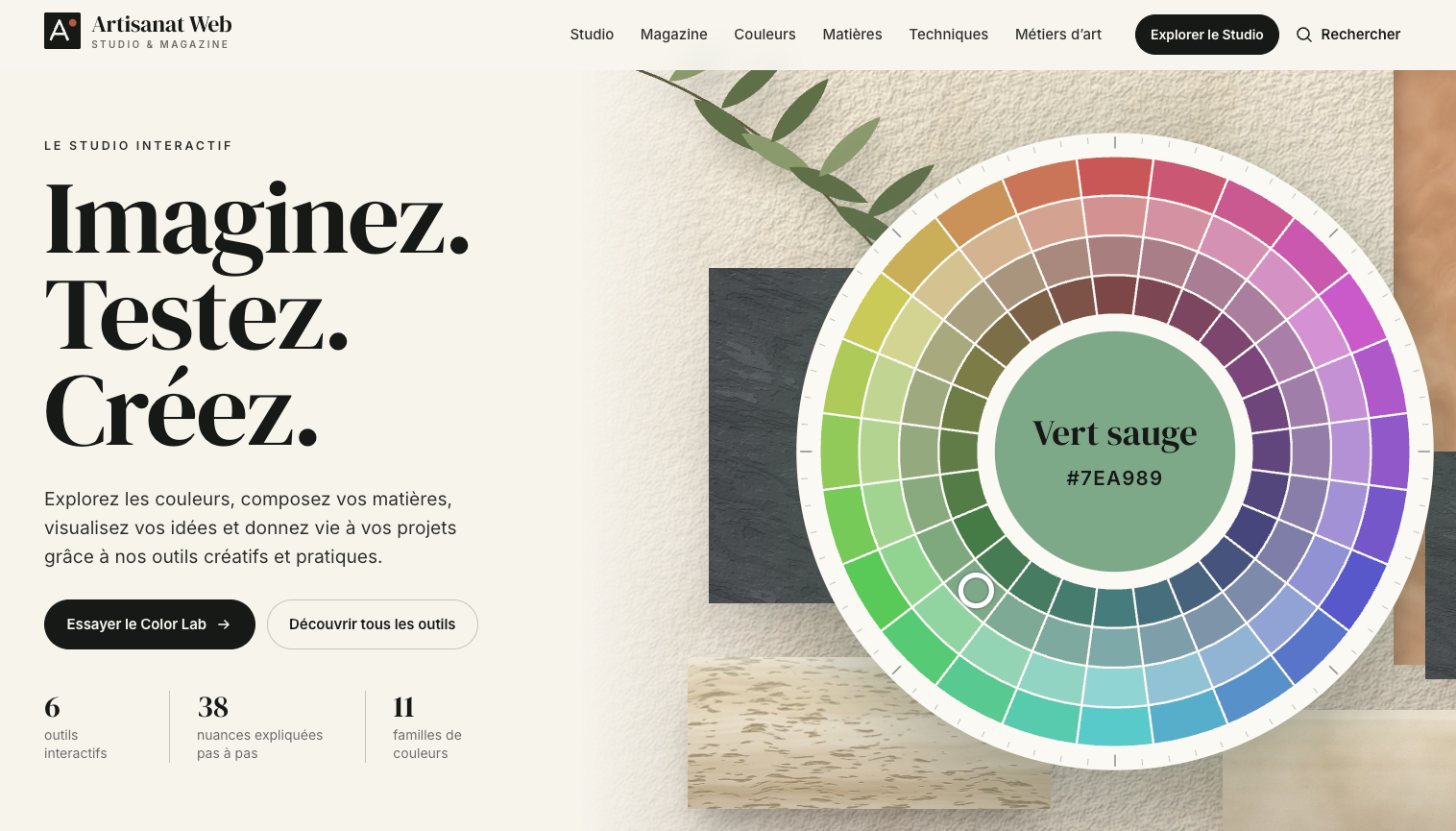 Page d’accueil d’Artisanat Web en version desktop, avec sa roue chromatique