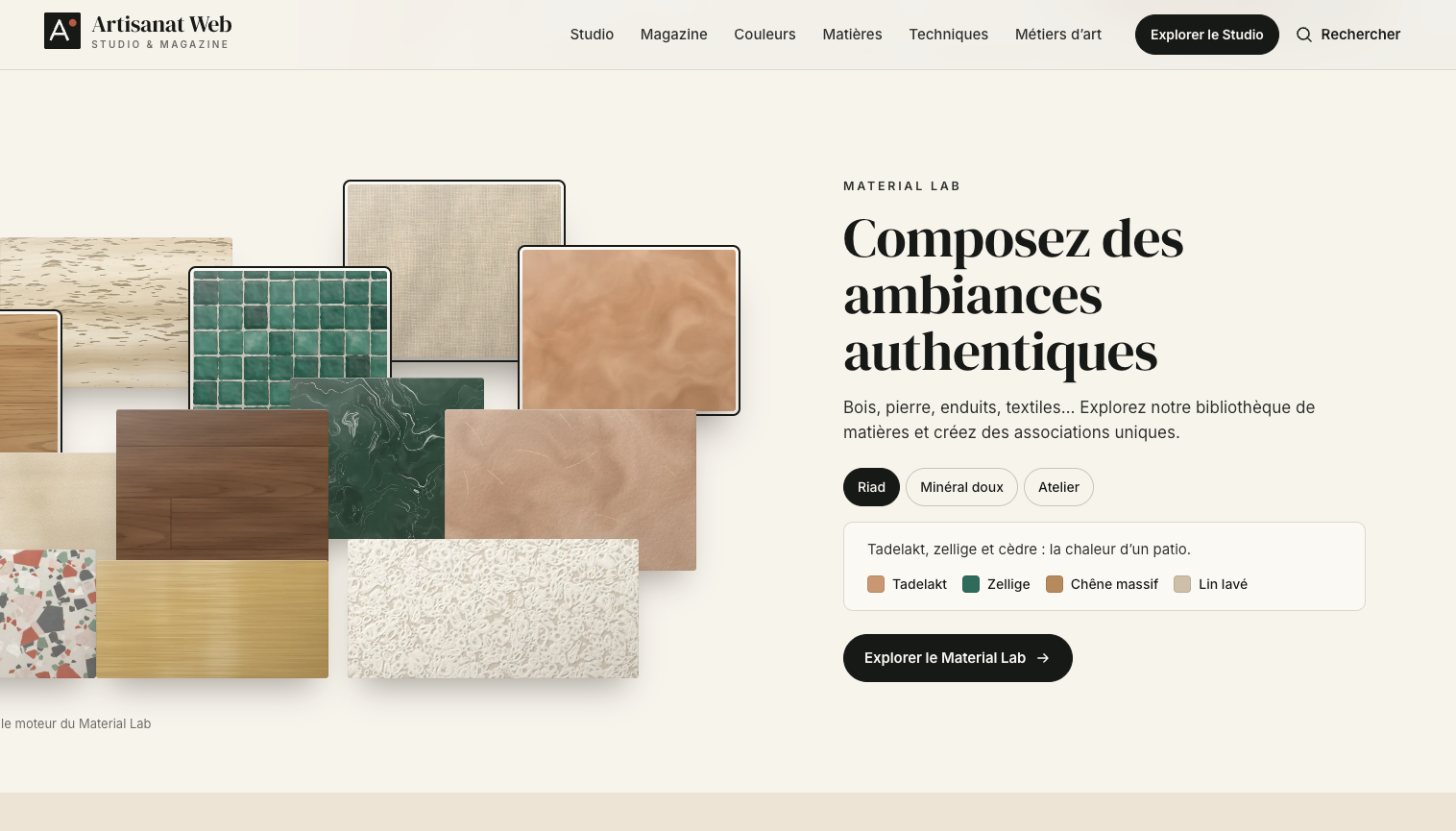 Material Lab d’Artisanat Web et ses échantillons de matières