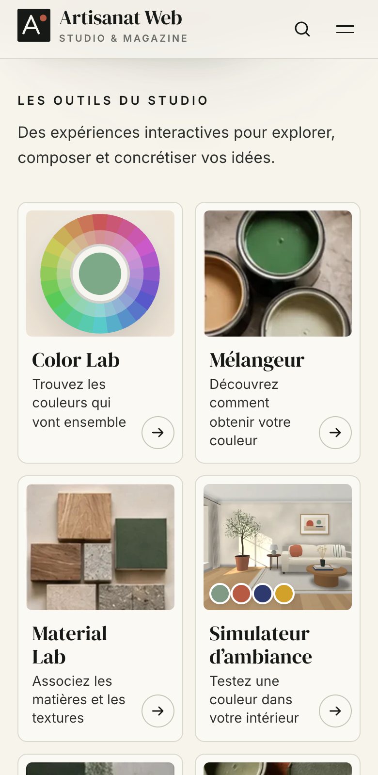 Outils du Studio Artisanat Web sur mobile