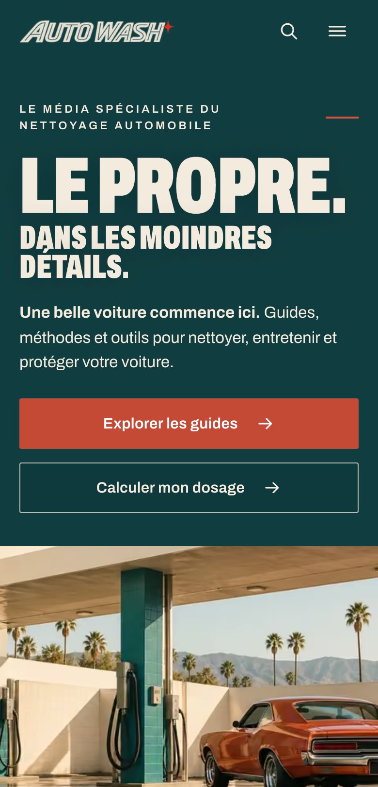 Page d’accueil du site Auto Wash sur mobile