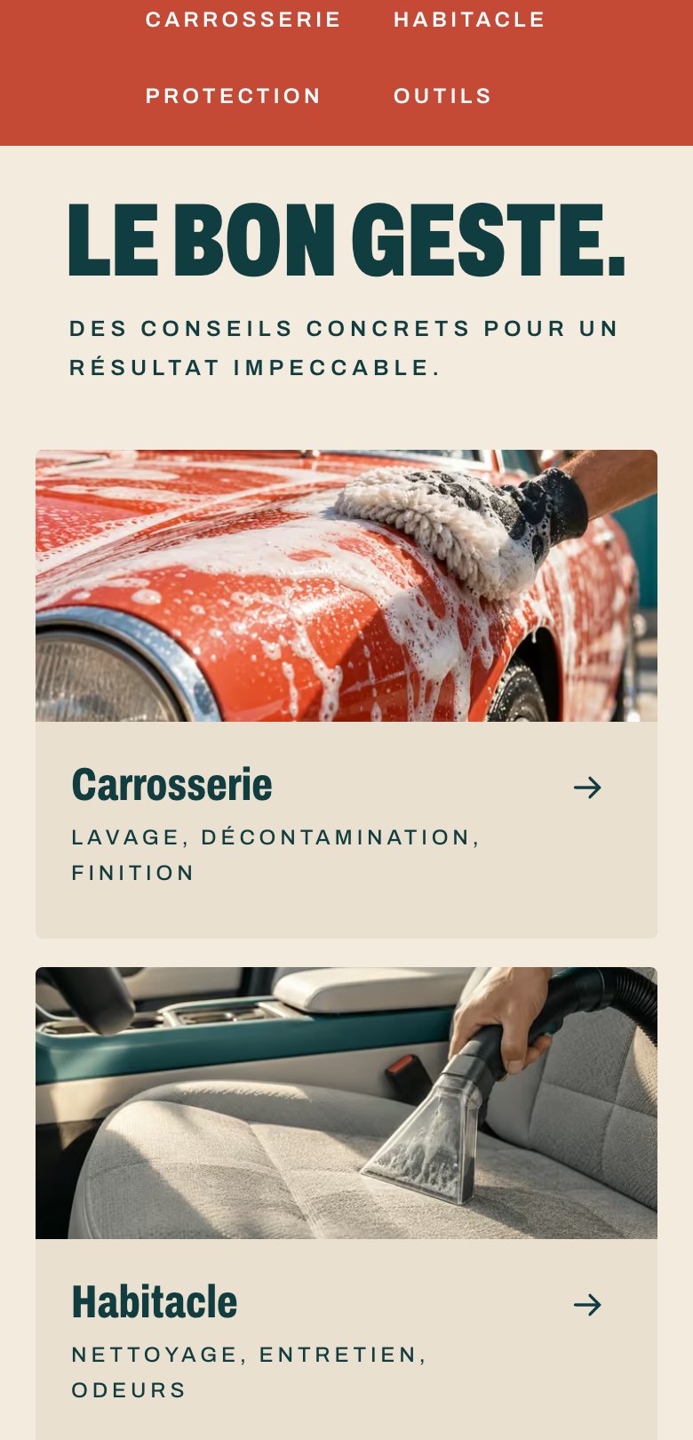 Rubriques de guides du site Auto Wash sur mobile