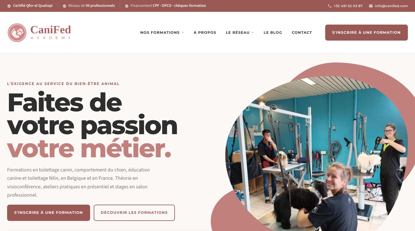 Page d’accueil de Canifed, école des métiers du chien et du chat, en version desktop