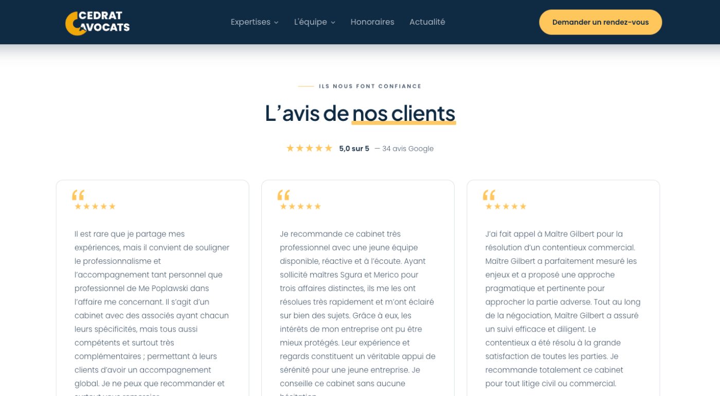 Section des avis Google sur la page d’accueil de Cédrat Avocats