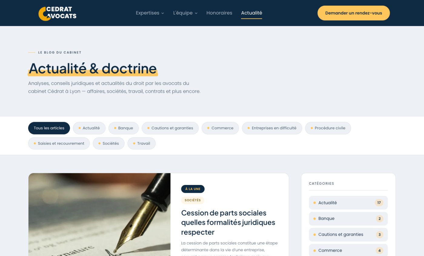 Page Actualité & doctrine du site Cédrat Avocats, avec ses catégories