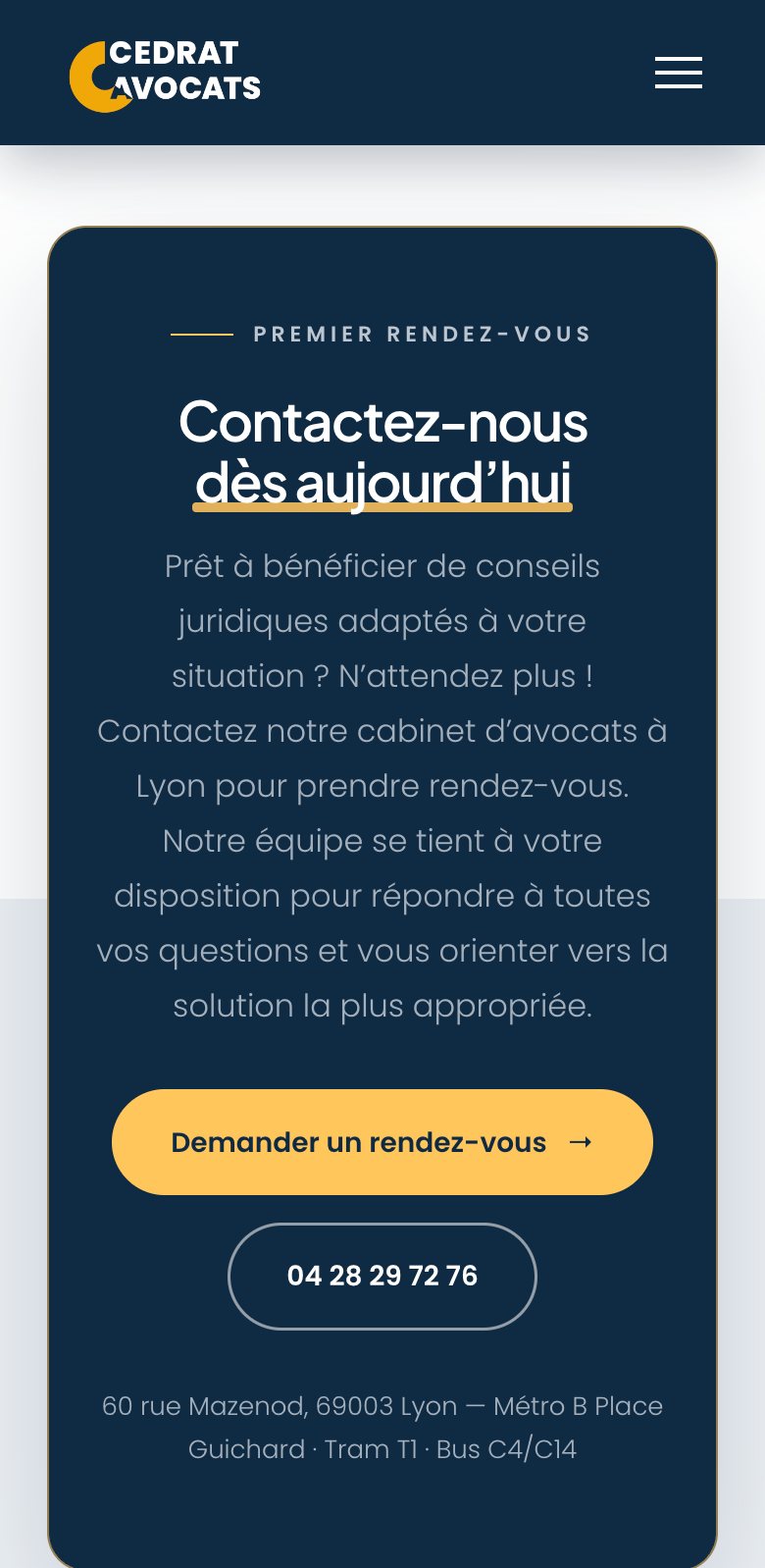 Bloc de prise de rendez-vous du site Cédrat Avocats sur mobile
