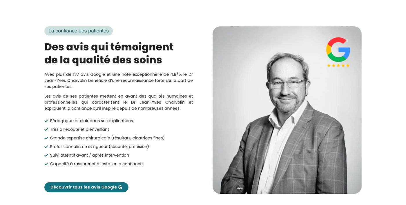 Section des avis patientes avec un portrait noir et blanc du Dr Charvolin