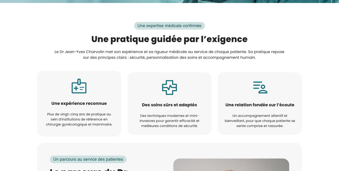 Section Une pratique guidée par l’exigence sur le site du Dr Charvolin