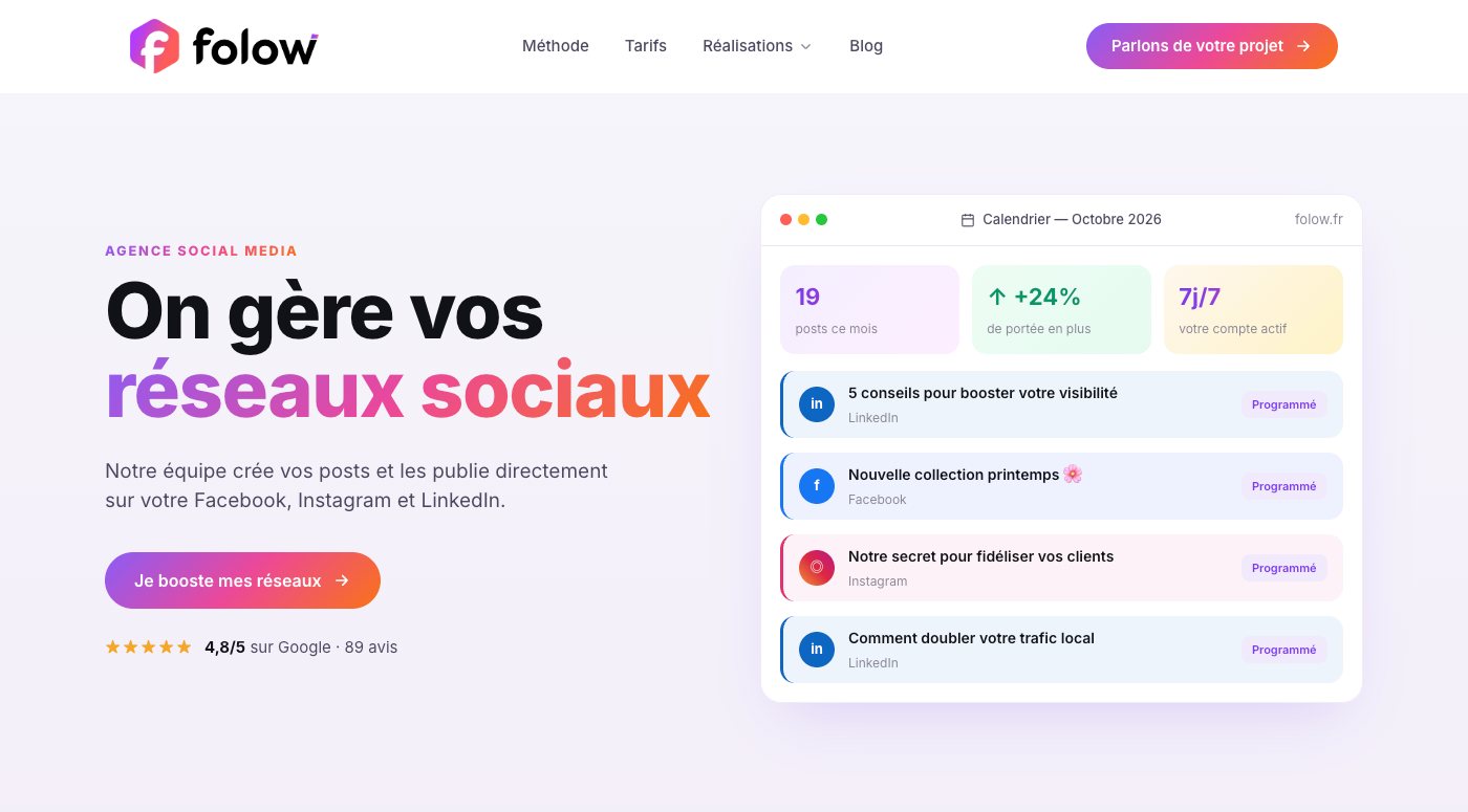 Page d’accueil de Folow, agence social media, en version desktop