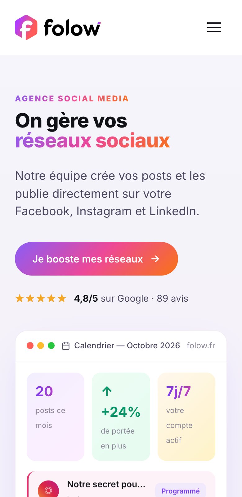 Page d’accueil de Folow sur mobile