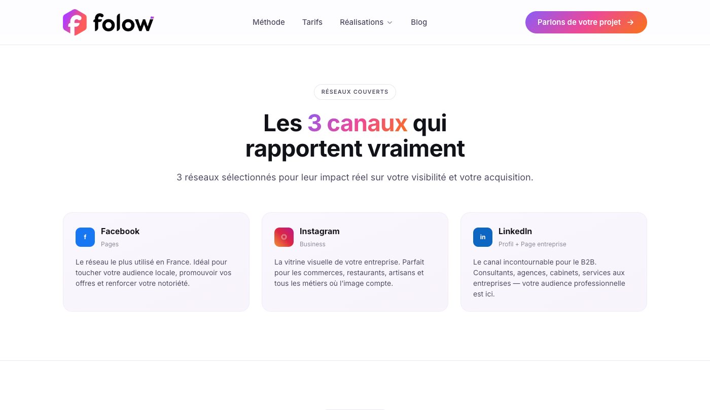Les trois réseaux gérés par Folow : Facebook, Instagram et LinkedIn