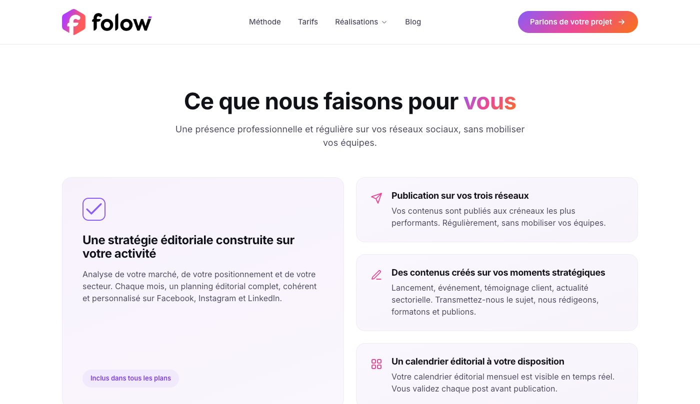 Section Ce que nous faisons pour vous sur le site de Folow