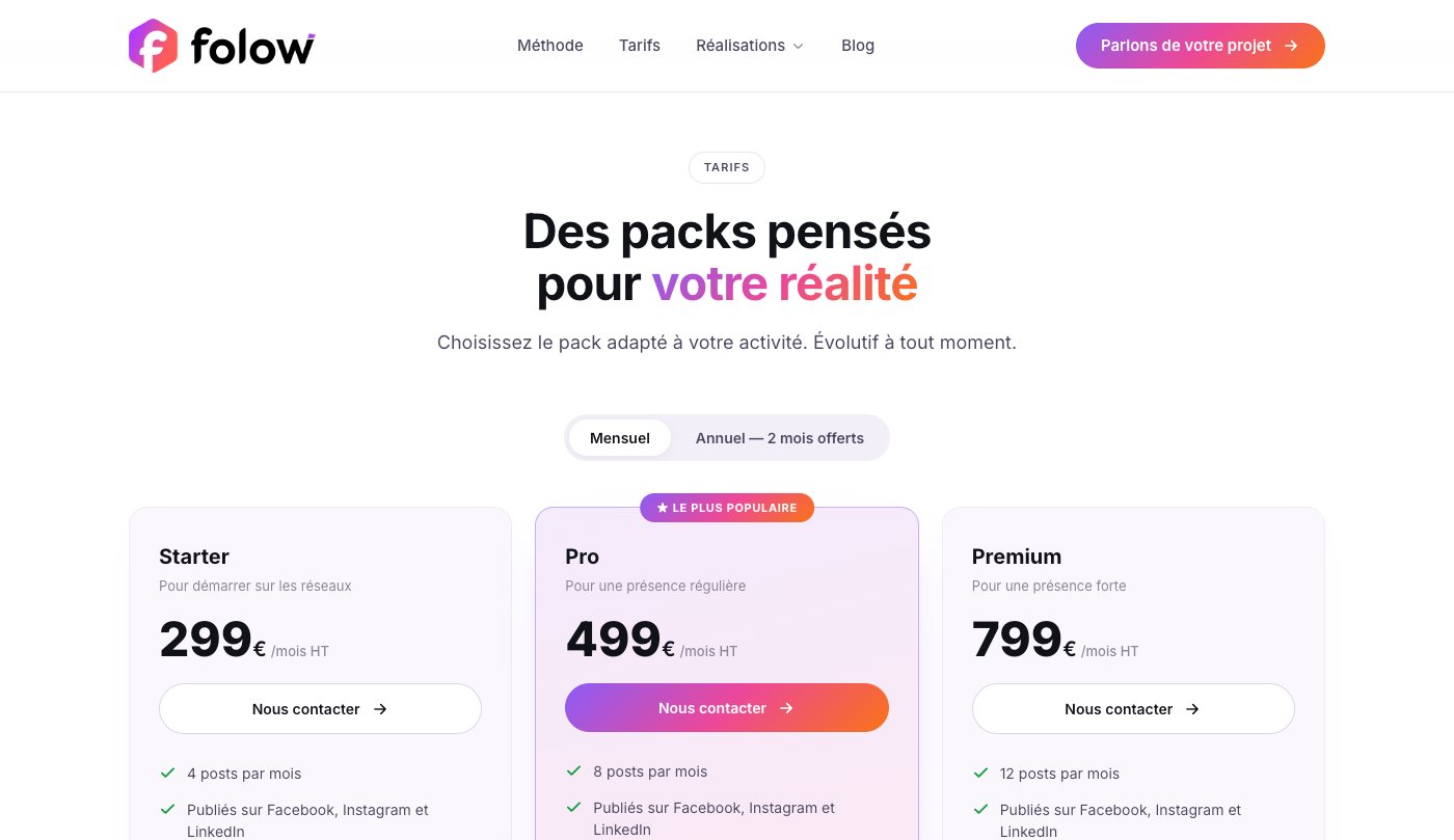 Les trois packs Folow : Starter, Pro et Premium