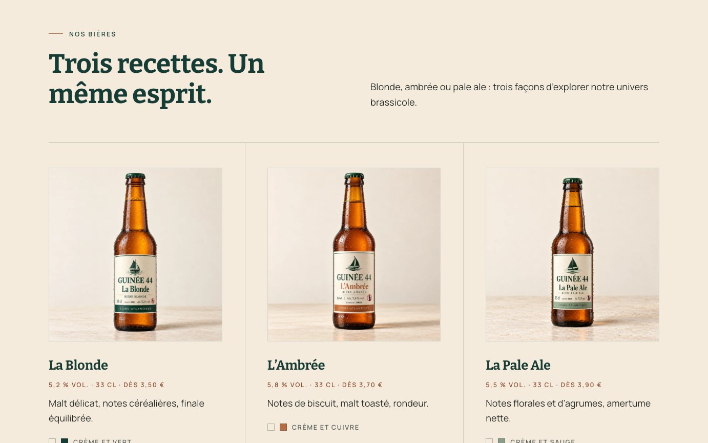 Les trois bières Guinée 44 sur la page d’accueil