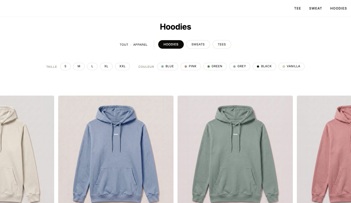 Collection Hoodies de la boutique IRONIK avec ses filtres taille et couleur