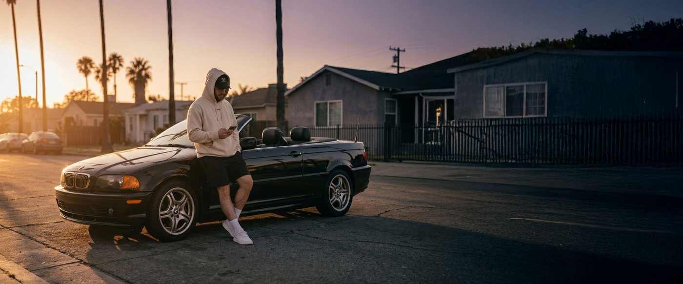 Visuel IRONIK : hoodie vanilla contre une BMW cabriolet au coucher du soleil