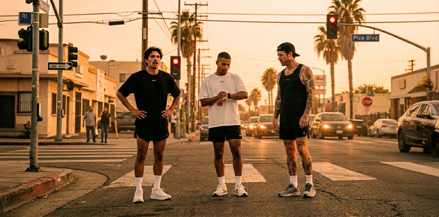 Visuel IRONIK : trois coureurs à un carrefour de Los Angeles