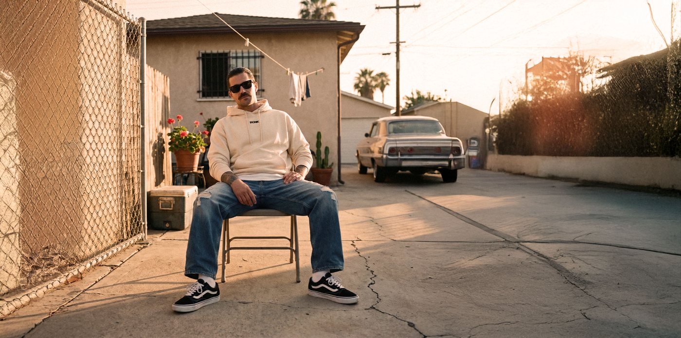 Visuel IRONIK : hoodie vanilla dans une cour de Los Angeles