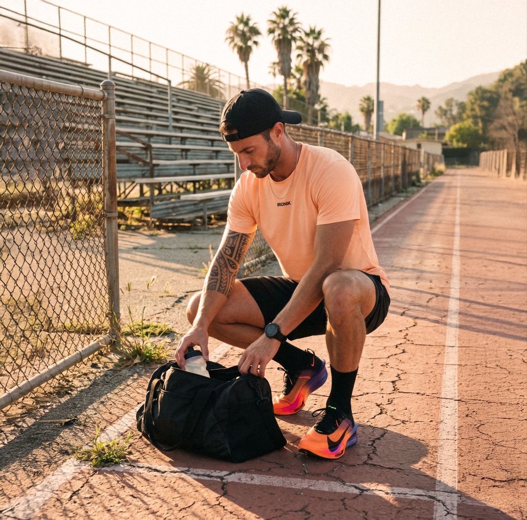 Visuel IRONIK : tee running melon sur une piste d’athlétisme