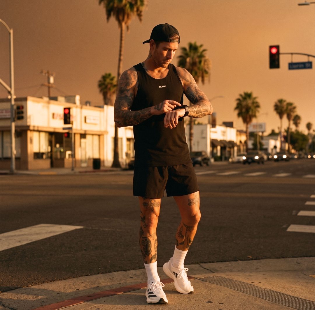 Visuel IRONIK : singlet de running noir à un carrefour