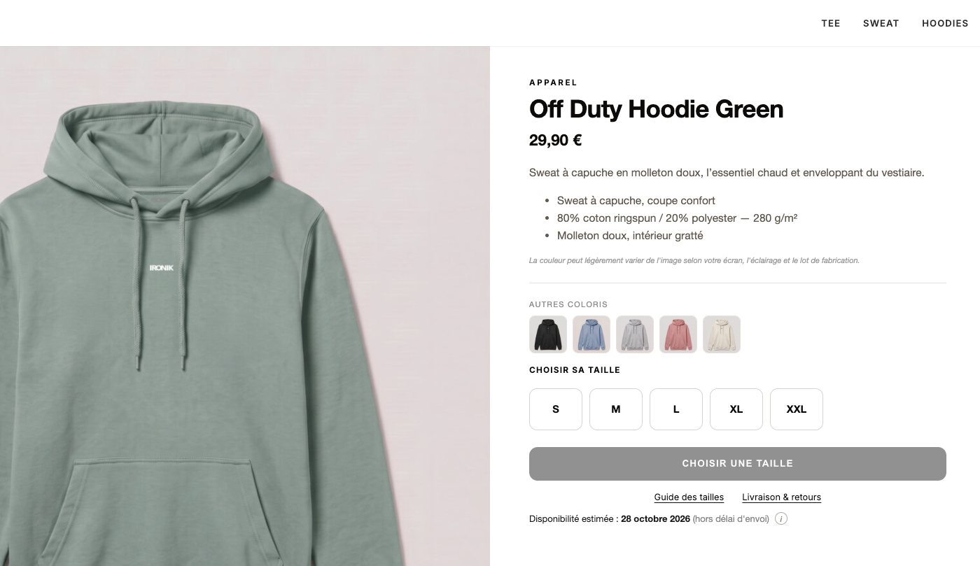 Fiche produit Off Duty Hoodie Green sur la boutique IRONIK