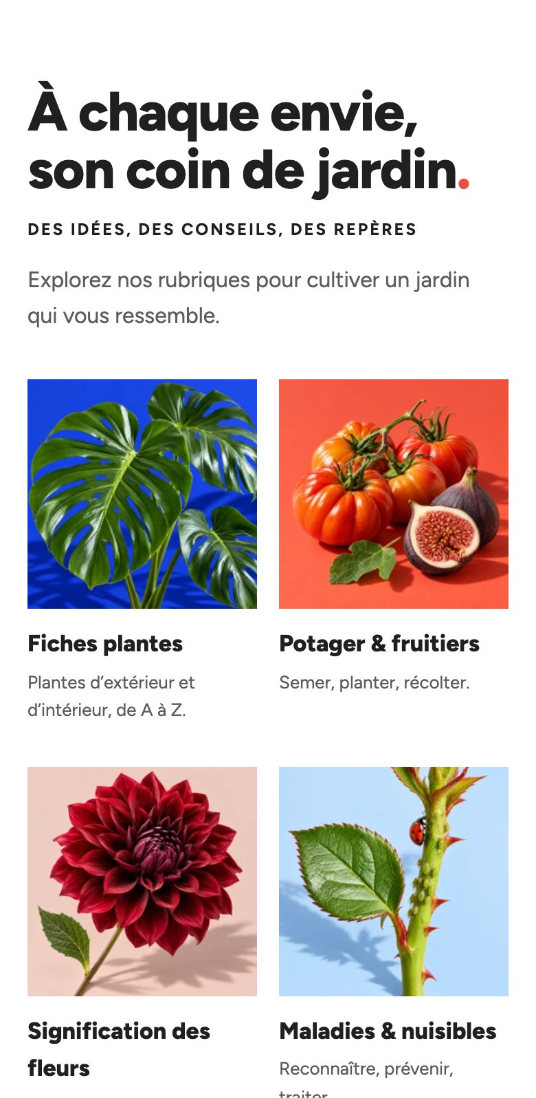Les rubriques de Ma Petite Jardinerie sur mobile