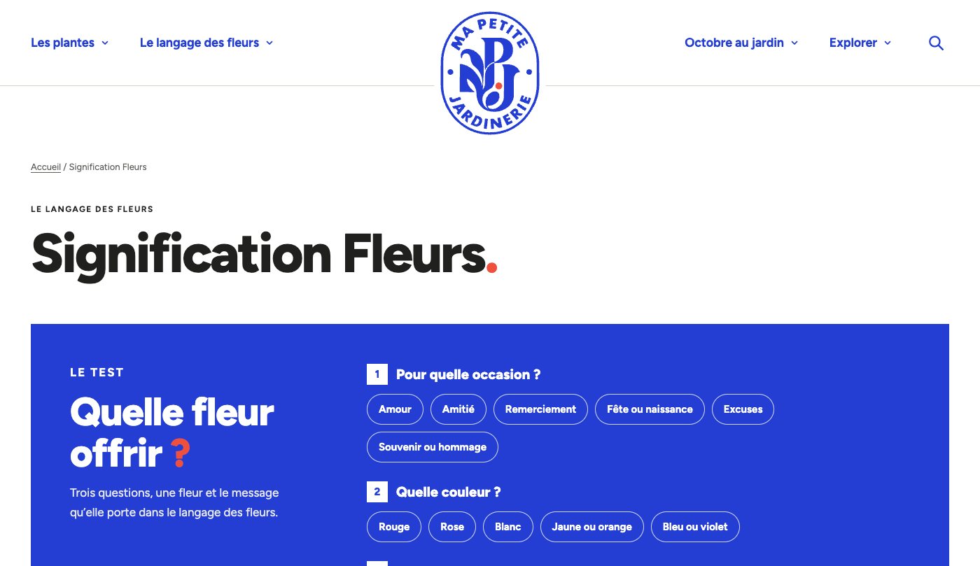Page Signification des fleurs avec le test Quelle fleur offrir