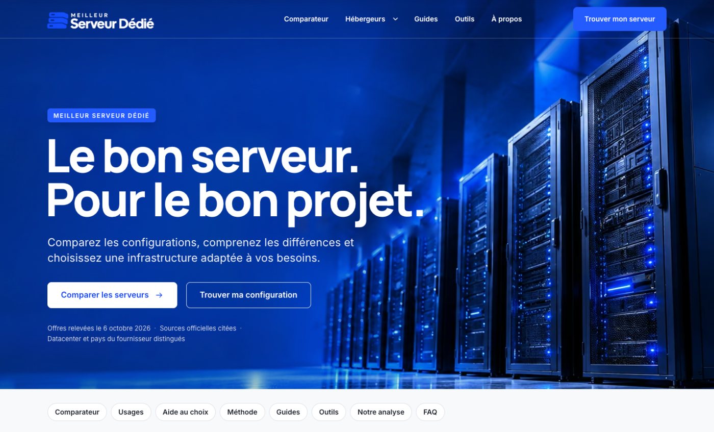 Page d’accueil du site Meilleur Serveur Dédié en version desktop