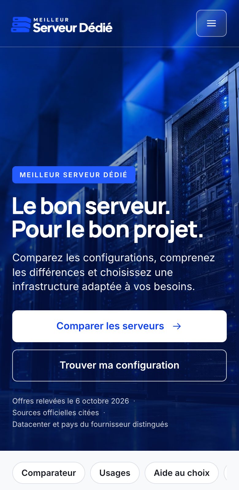 Page d’accueil de Meilleur Serveur Dédié sur mobile
