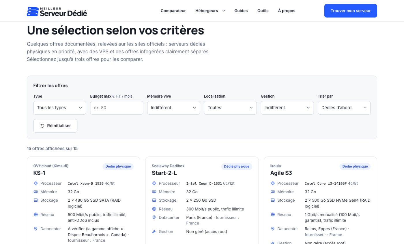 Comparateur de serveurs dédiés avec ses filtres et ses fiches d’offres