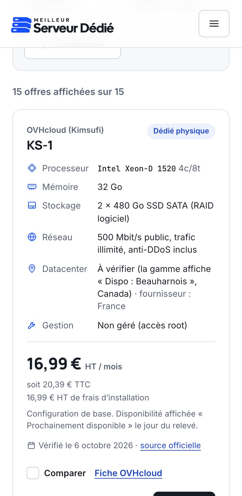 Fiche d’une offre de serveur dédié sur mobile