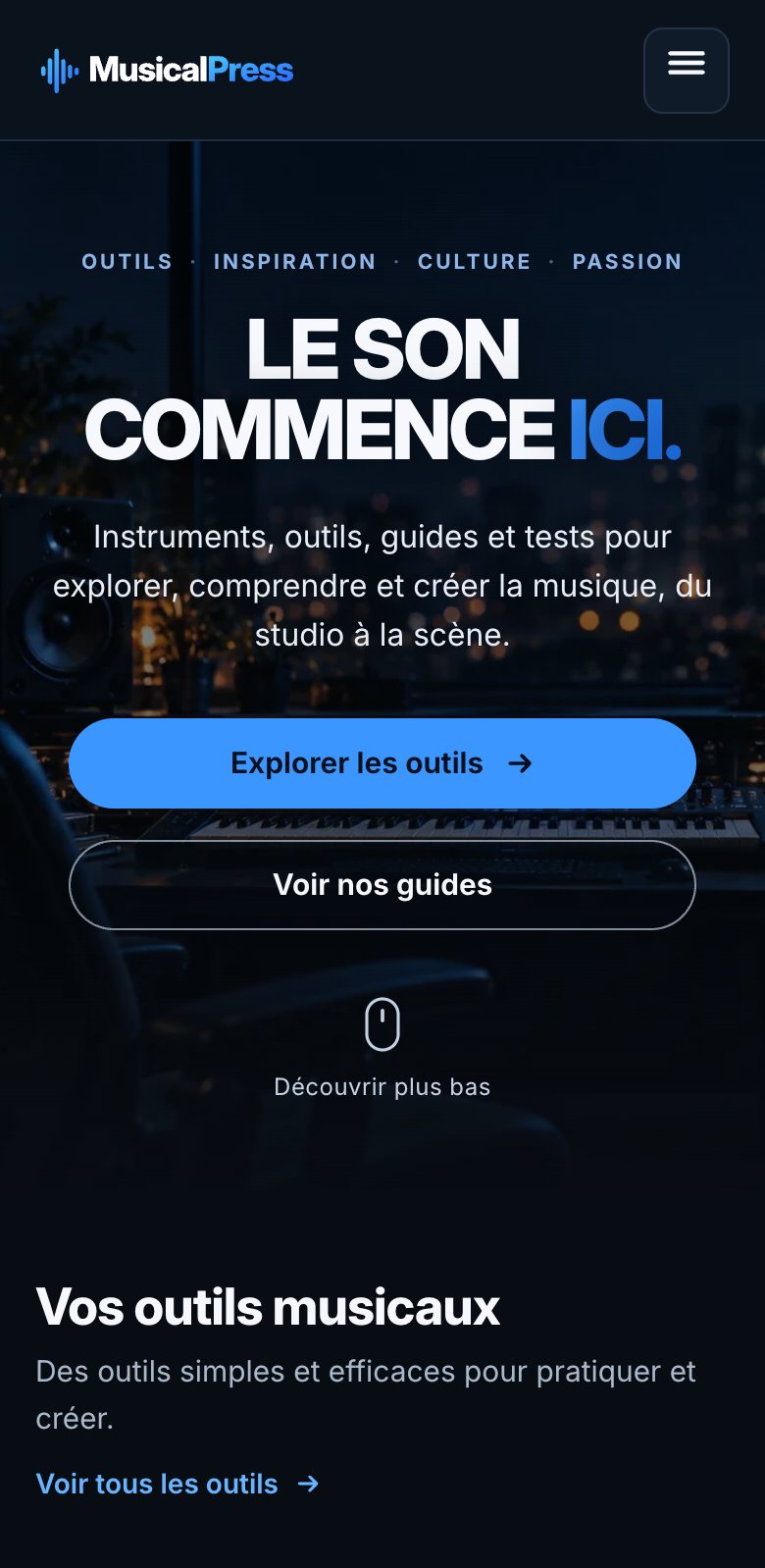 Page d’accueil de Musical Press sur mobile