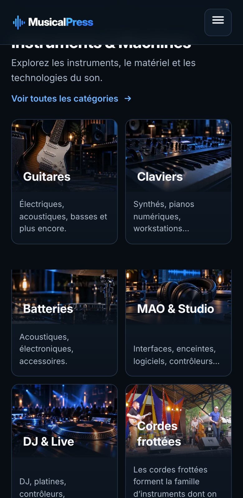 Rubrique Instruments et Machines de Musical Press sur mobile
