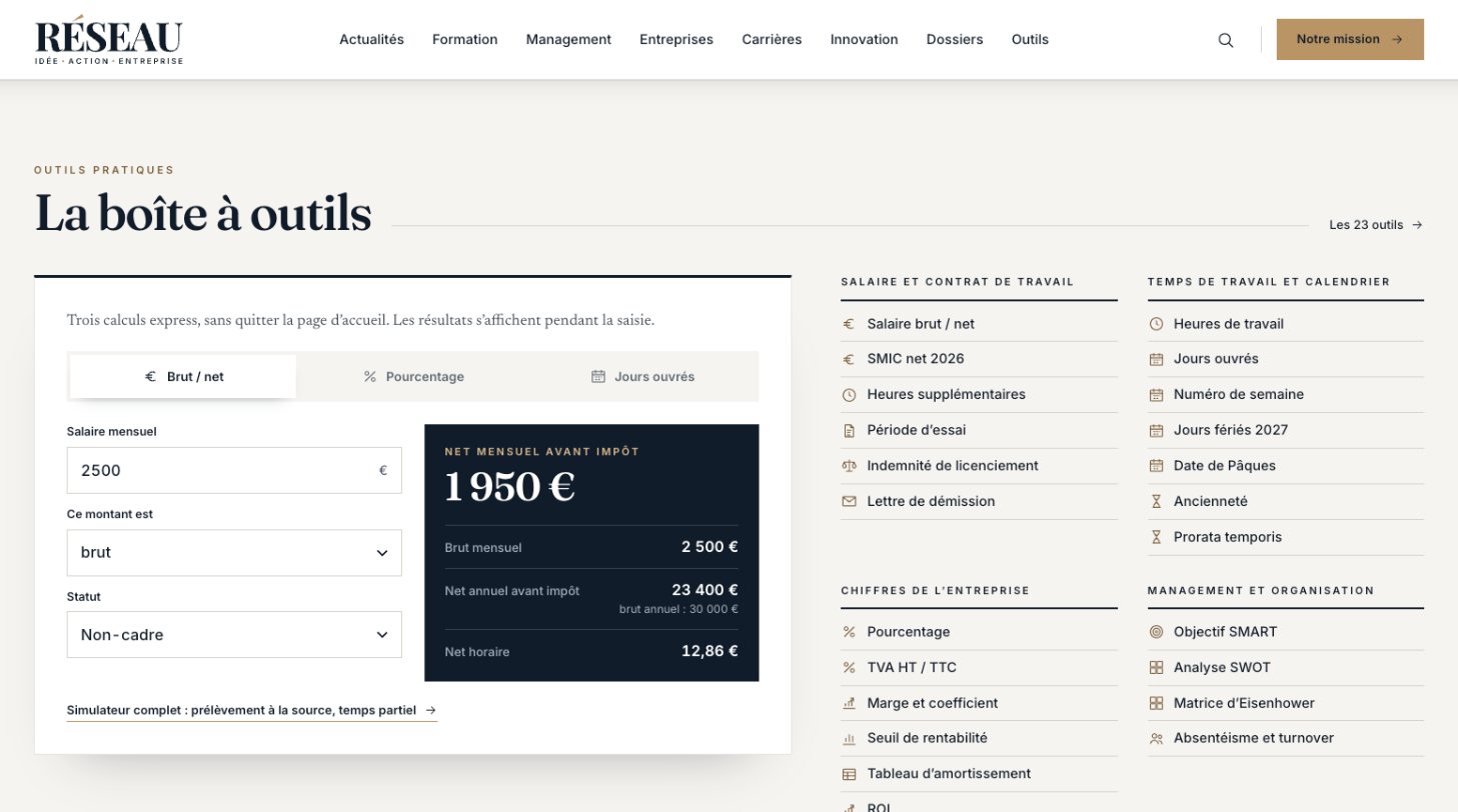 La boîte à outils de RÉSEAU avec son calculateur brut net