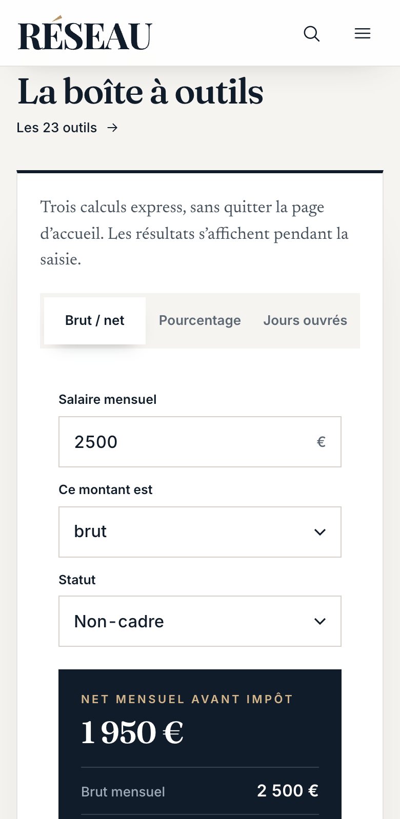 Calculateur brut net de RÉSEAU sur mobile