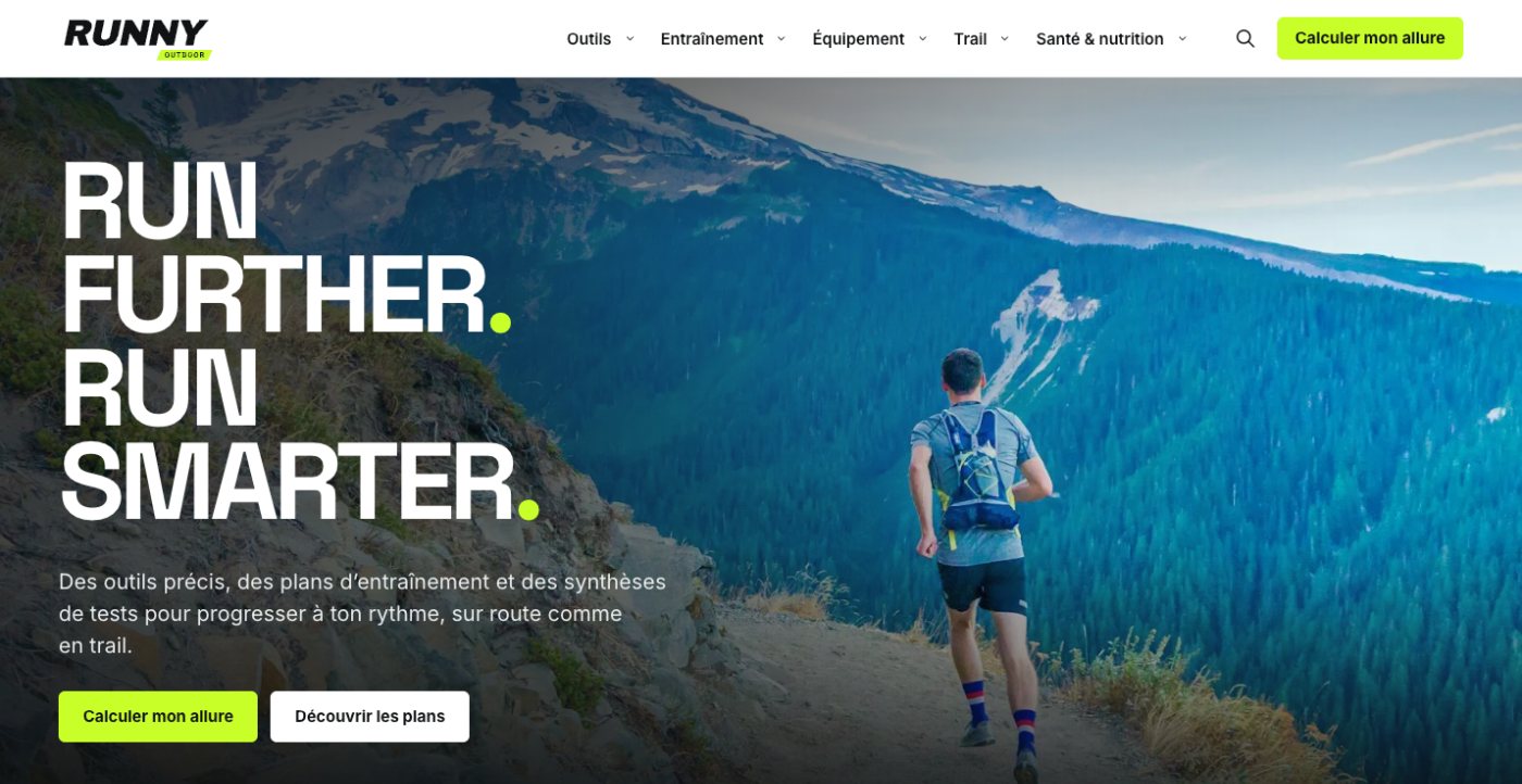 Page d’accueil de Runny Outdoor en version desktop