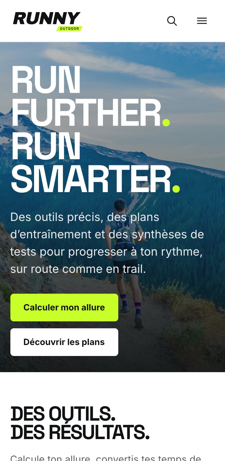 Page d’accueil de Runny Outdoor sur mobile