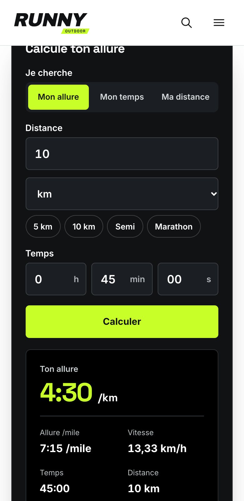 Calculateur d’allure de Runny Outdoor sur mobile