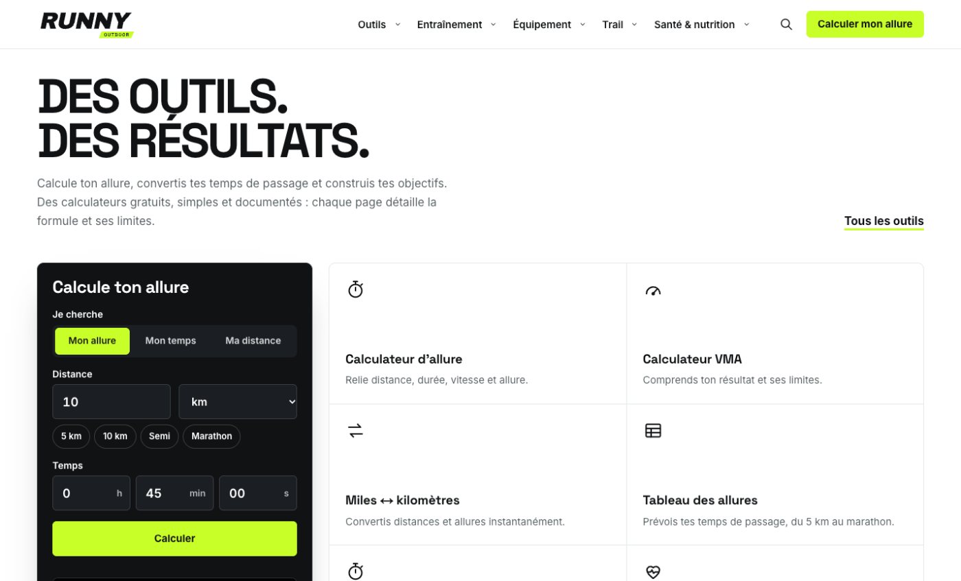 Calculateur d’allure et outils de Runny Outdoor