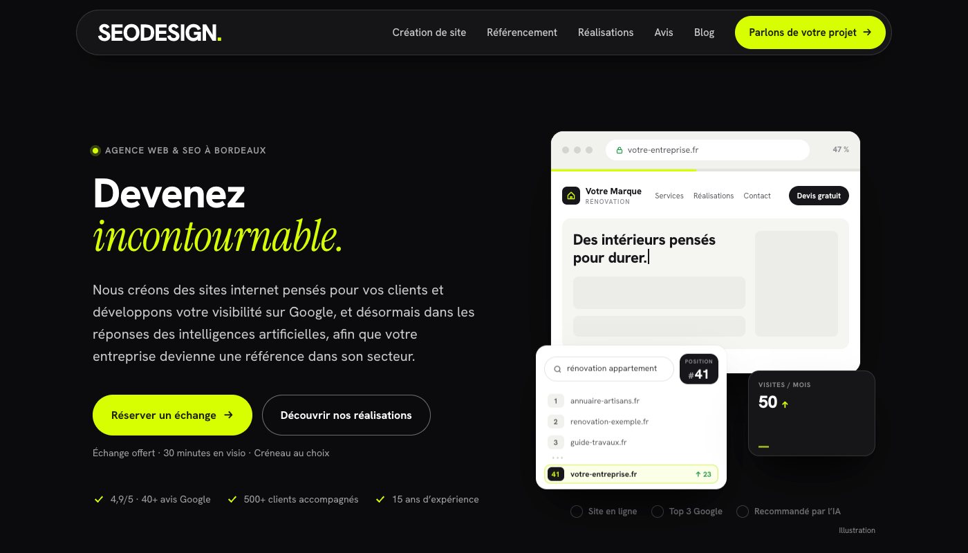Page d’accueil de SEO Design, agence web et SEO à Bordeaux, en version desktop