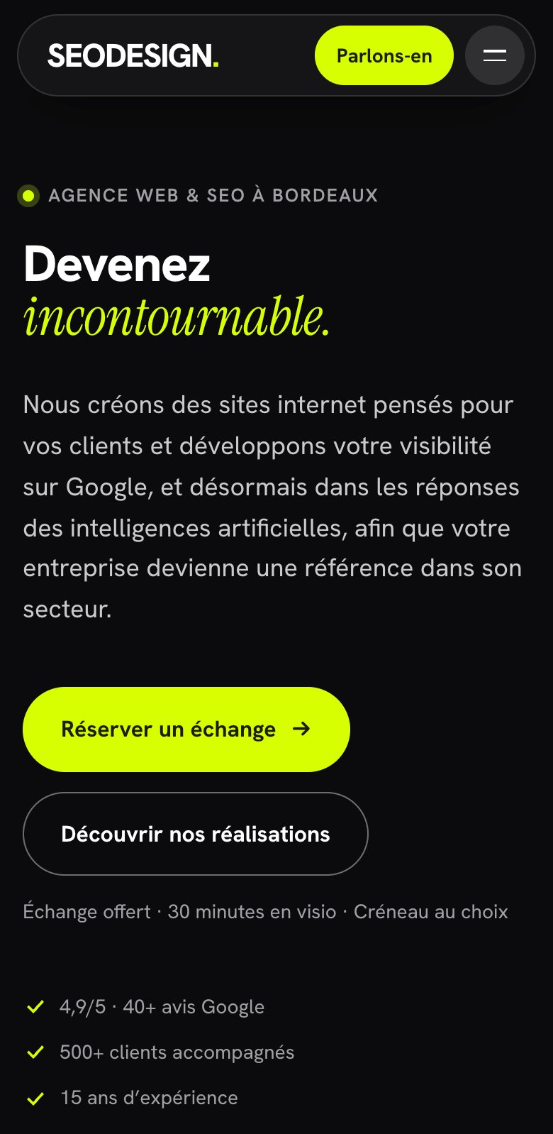 Page d’accueil de SEO Design sur mobile