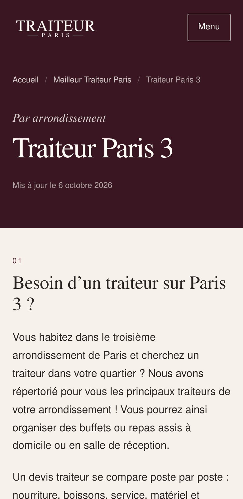 Page arrondissement de Traiteur Paris sur mobile
