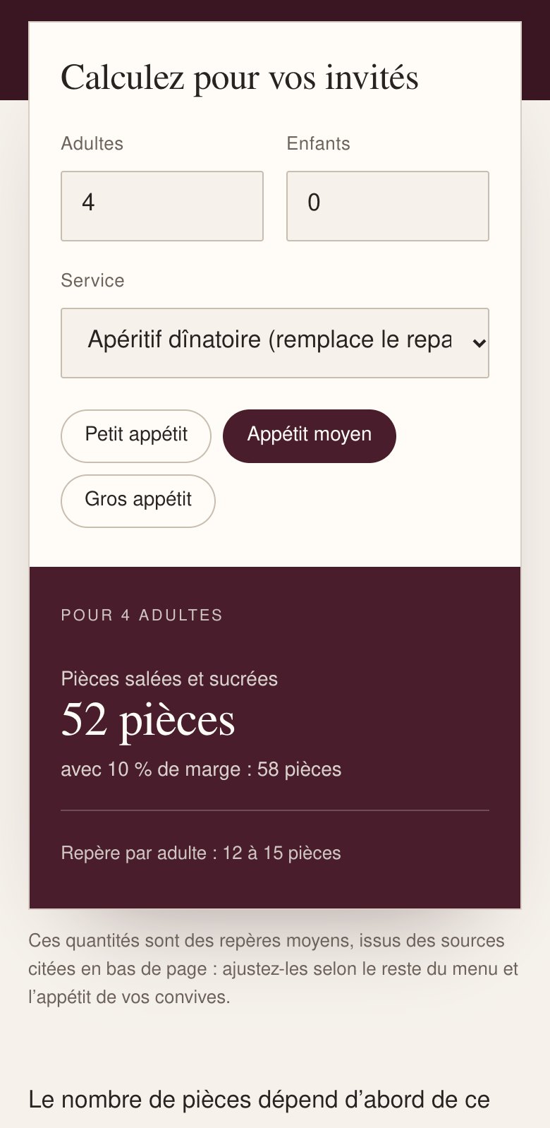 Calculateur de pièces cocktail sur mobile