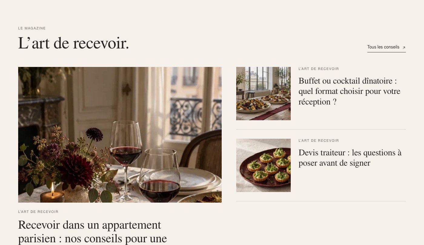 Section magazine L’art de recevoir sur le site Traiteur Paris